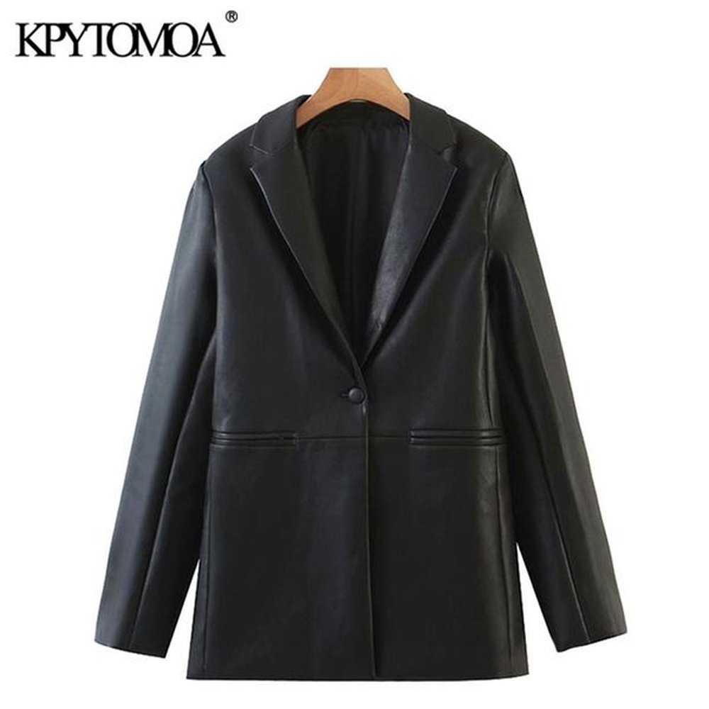 kpytomoa women fashion faux leather single button blazers coat vintage