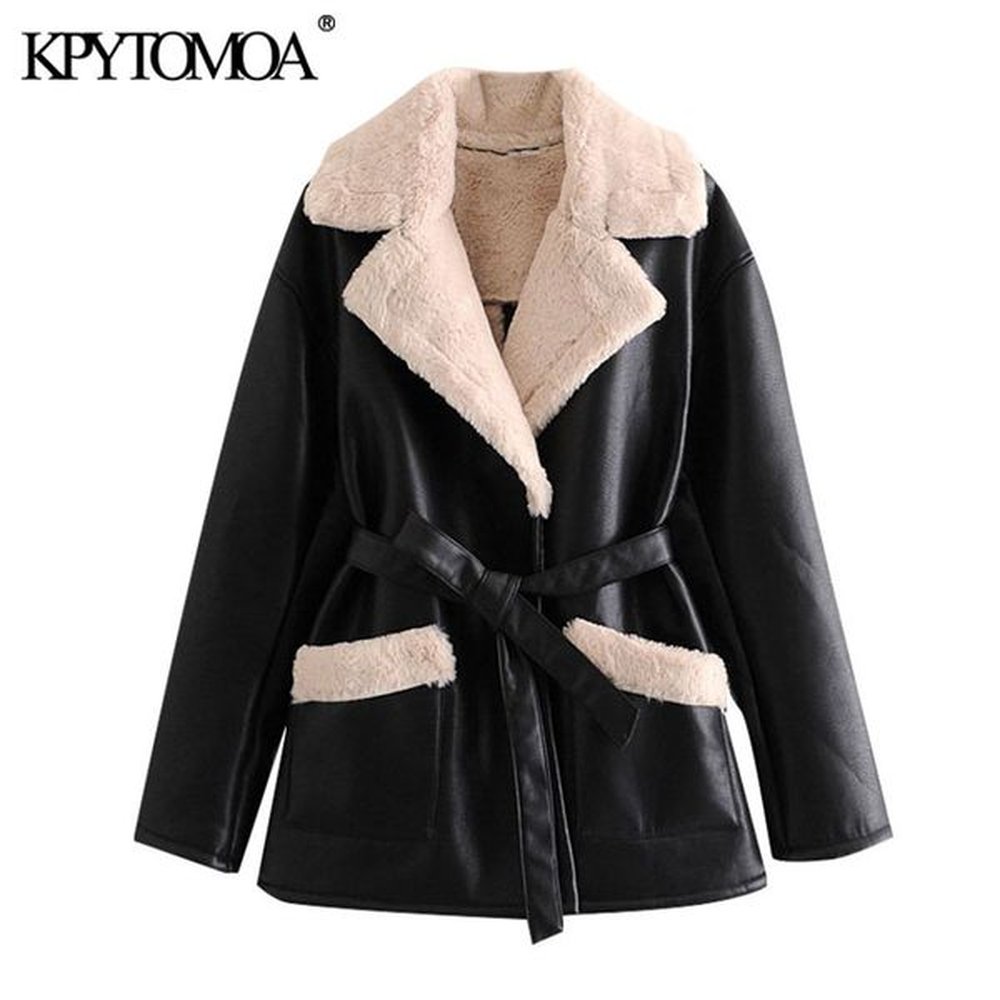 kpytomoa women fashion with fur faux leather thick warm jacket