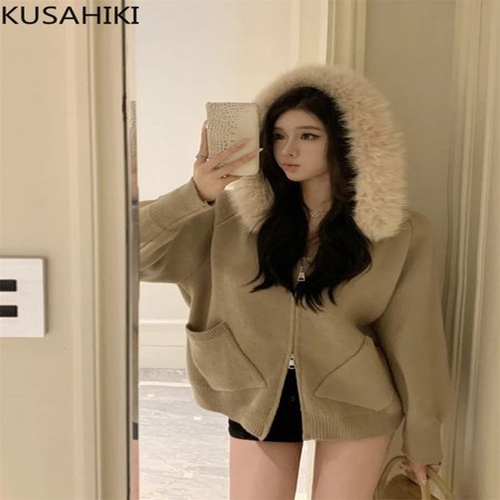 kusahiki fur hooded sweater jacket for women autumn winter double
