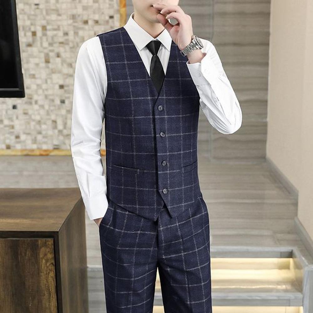L155 Plaid suit men's three-piece suit Korean style slim small suit men's best man clothing groom wedding dress
