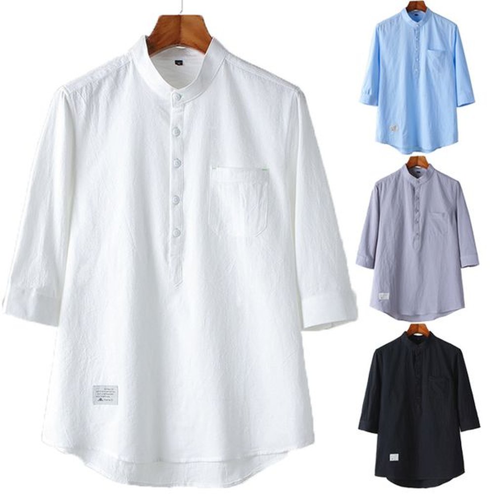 L65 Spring and summer new style stand-up collar pure cotton linen henley shirt three-quarter sleeve casual loose pullover T-shirt