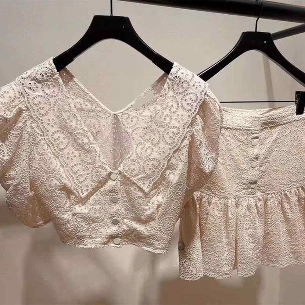 lace hollow sandro hollow embroidered doll neck bubble sleeve shirt