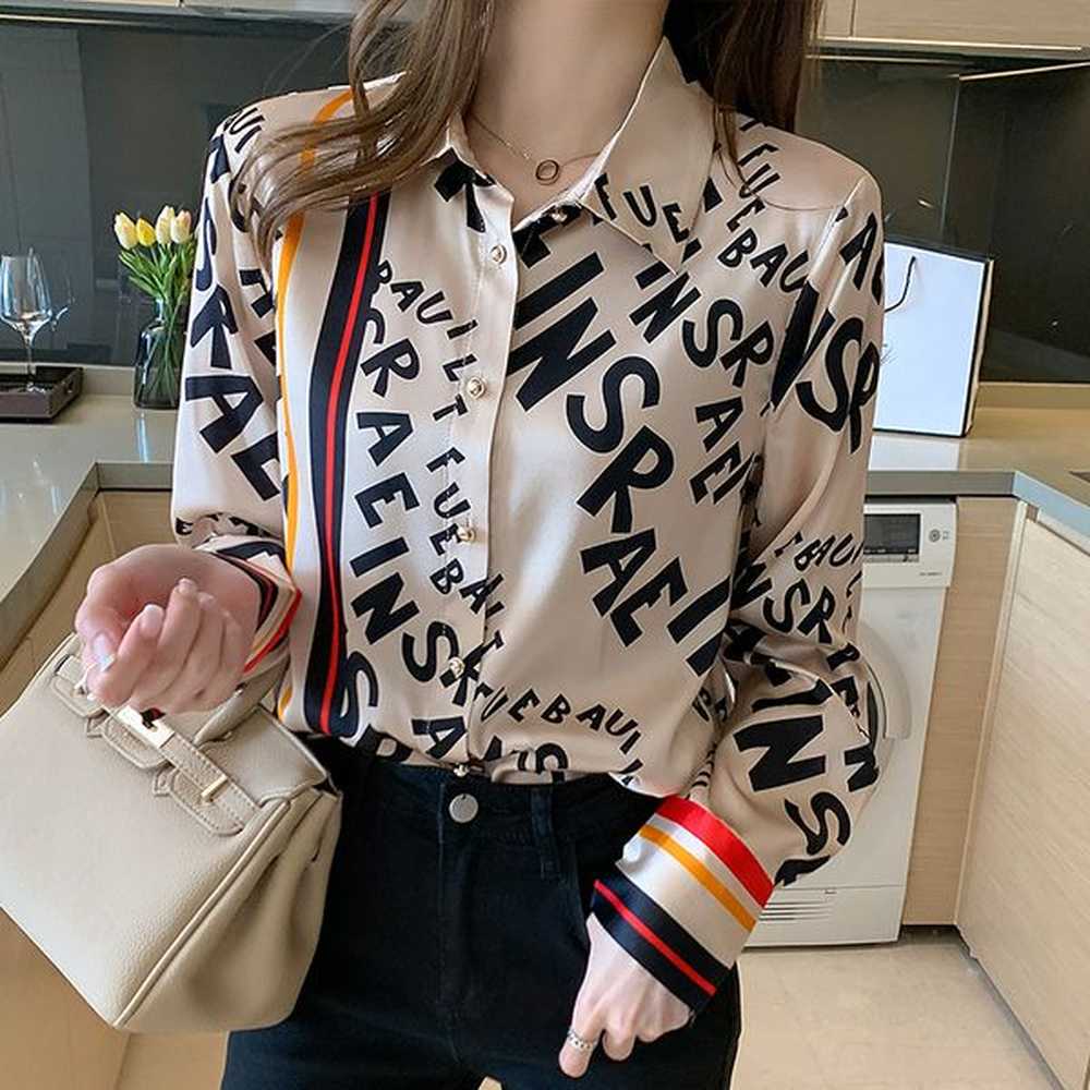 laceup bow letter print women shirt lantern long sleeve chiffon