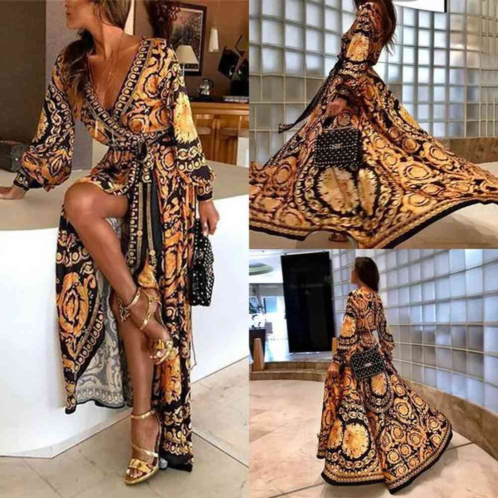 ladies women elegant sexy long sleeve ethnic style boho print