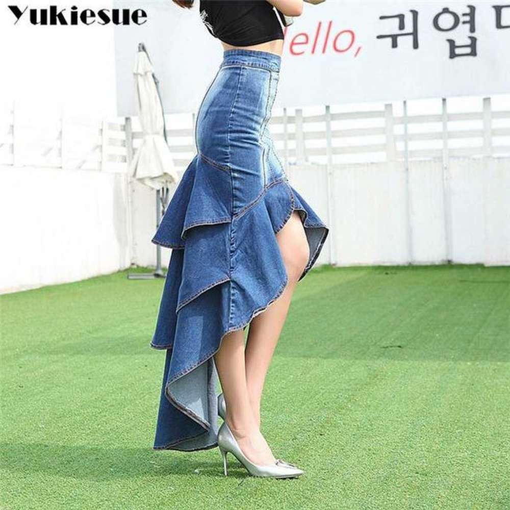lady long denim skirt high waist gradient tassel jeans trumpet