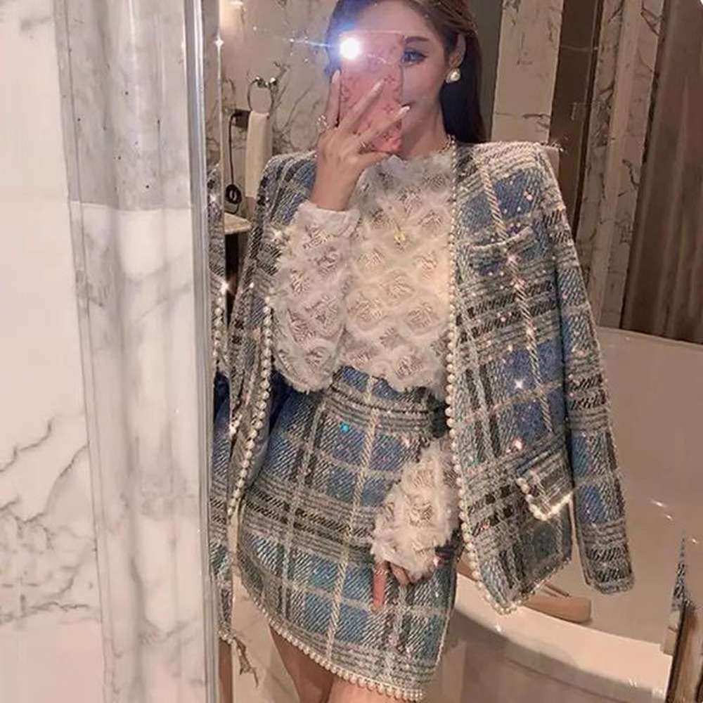 lady sequined blazers coat pearls beaded woman suit autumn ladies
