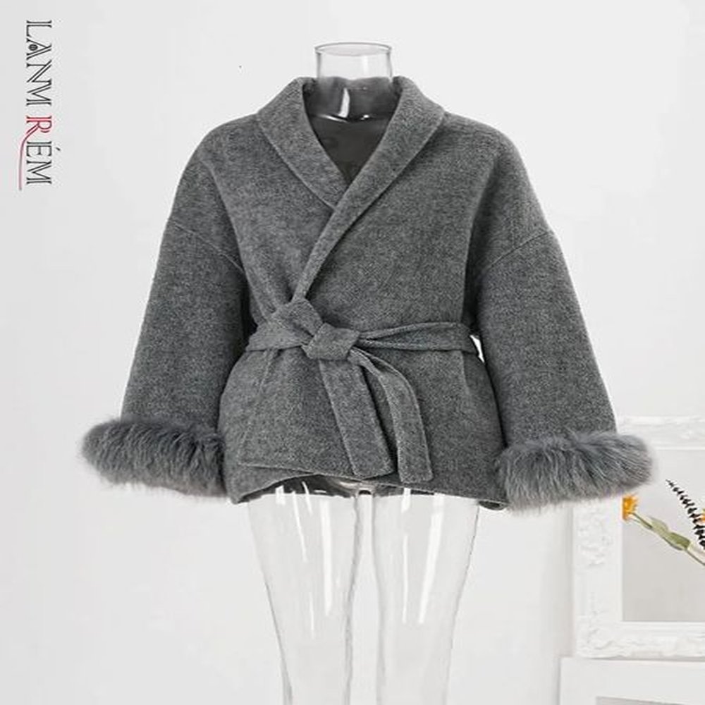 lanmrem autumn winter woolen coat women fashion feather spliced sleeves