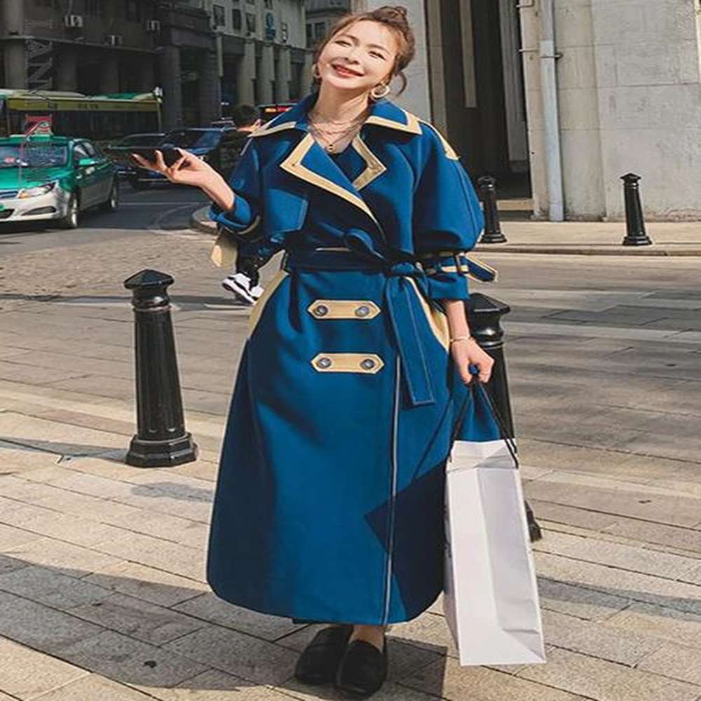 lanmrem korean style long trench coat women contrast color patchwork