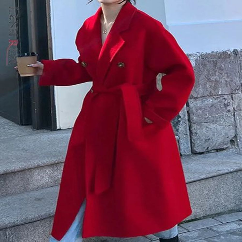 lanmrem red doublesided wool coat for women cashmere double breasted
