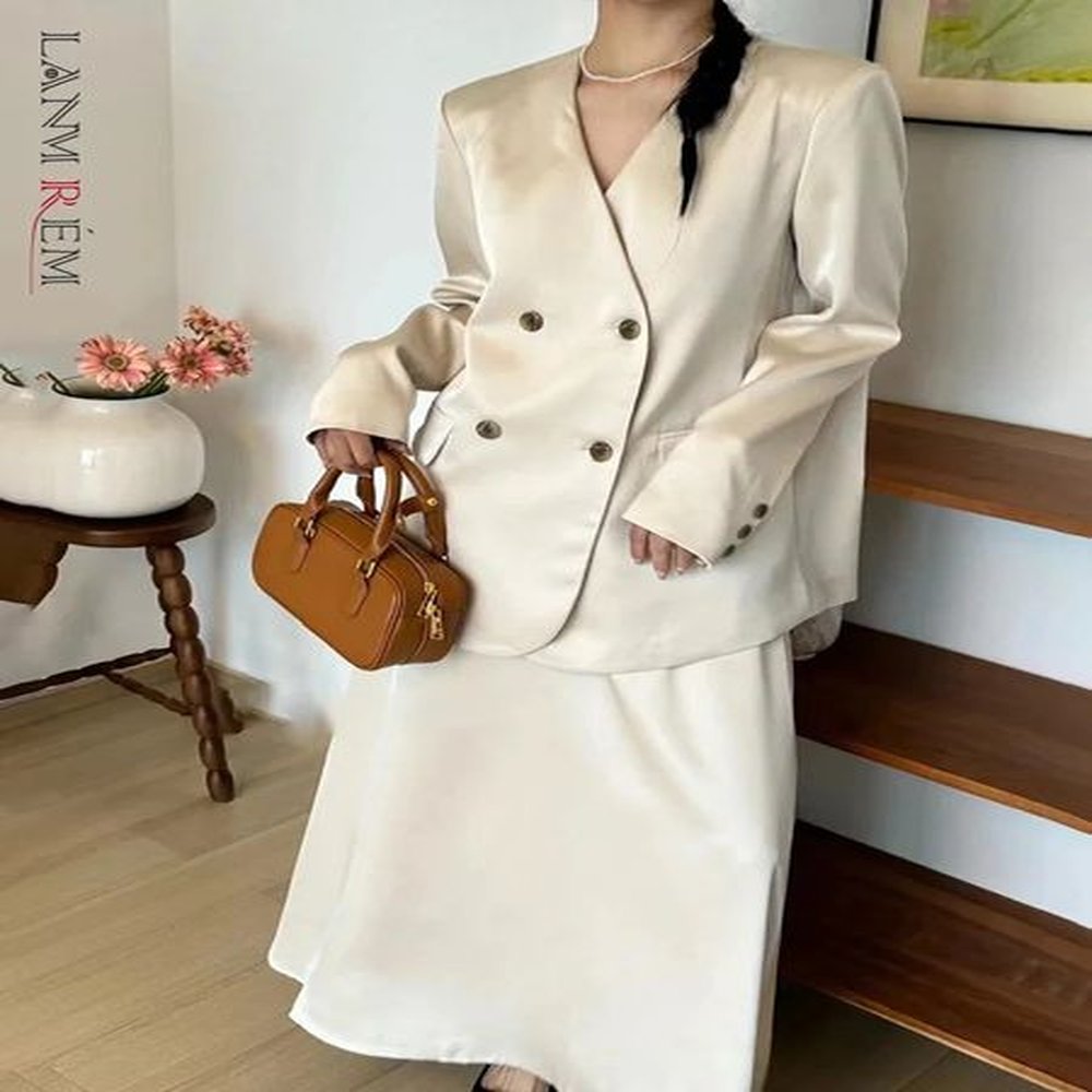 lanmrem satin suits set women v neck double breasted blazers