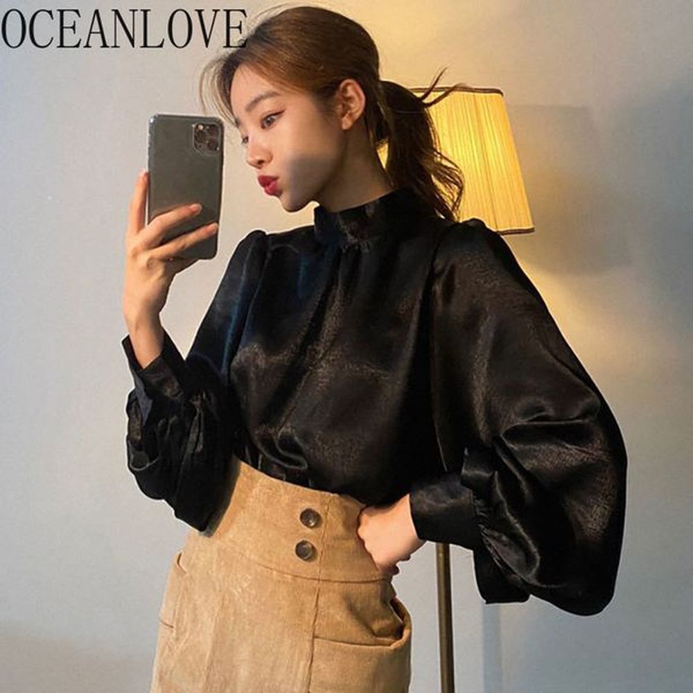 lantern sleeve glossy women tops and blouses stand collar korean