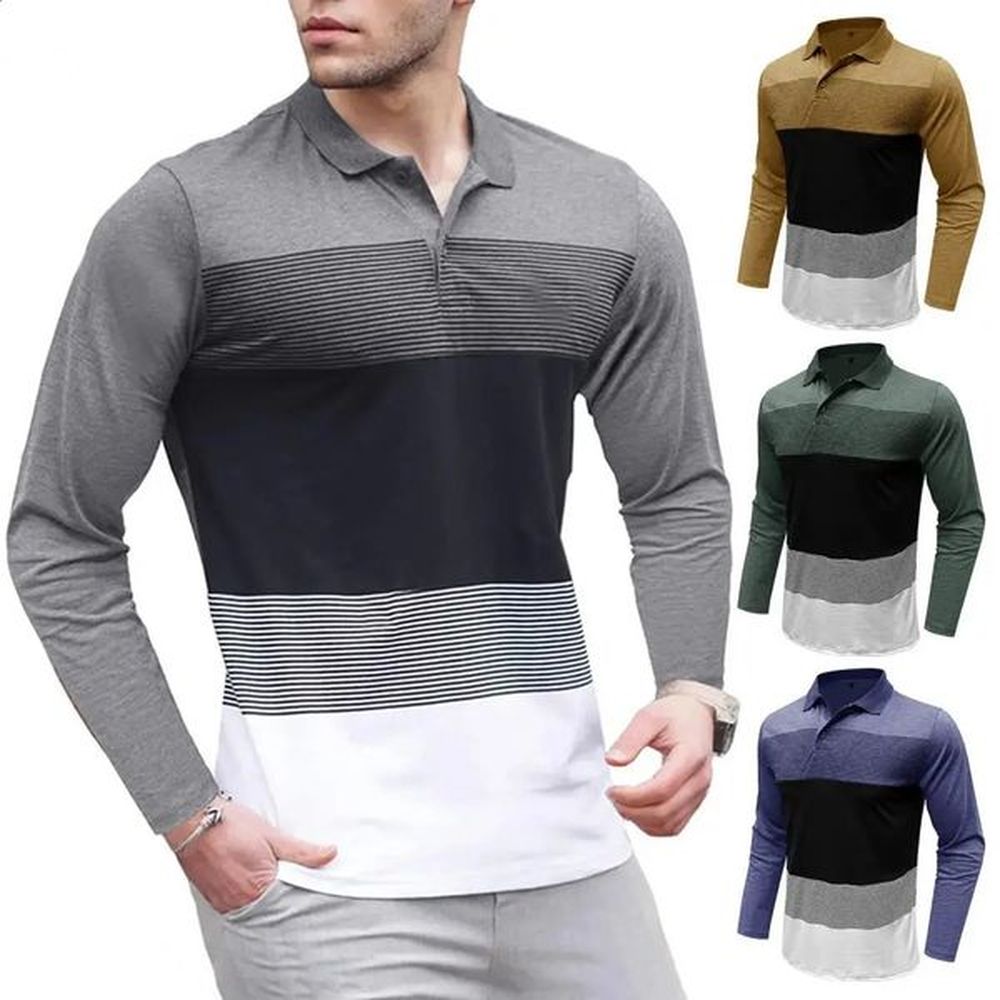 Lapel Button Half Opening Shirt Mens Striped Print Pullover Shirt with Stretchy Long Sleeves for Fitness Business Wear Autumn 240820