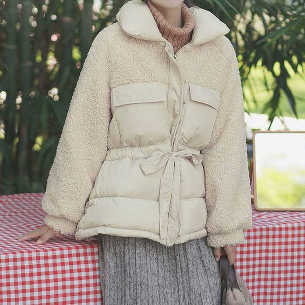 lapel lamb wool coat women bow tie splicing cotton plush