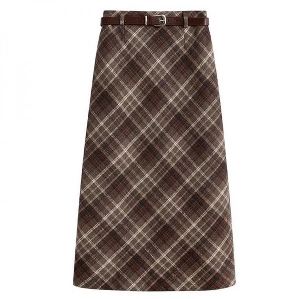 large size plaid skirt womens tweed long skirt high waist