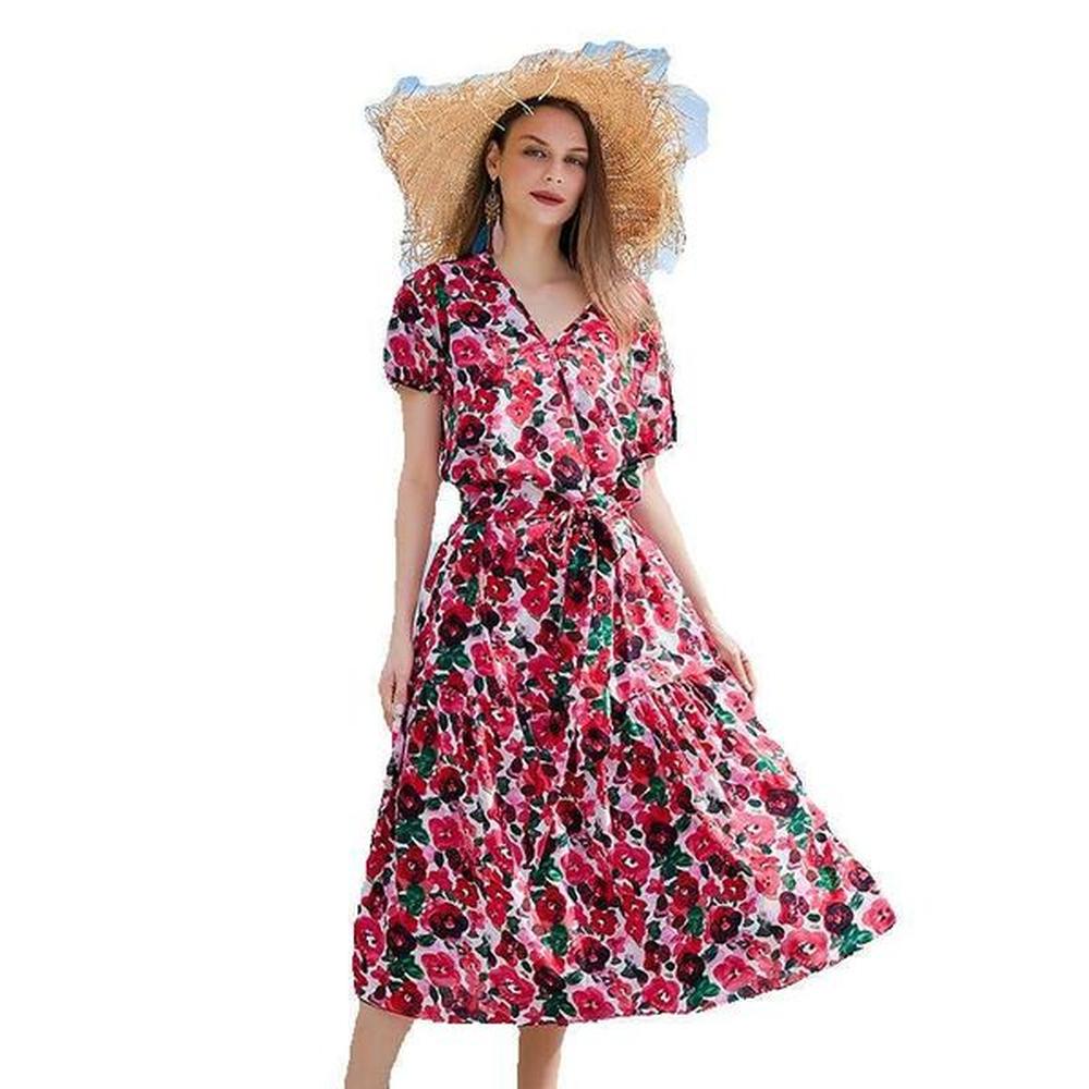 large size sanya resort beach womens floral loose vneck mid