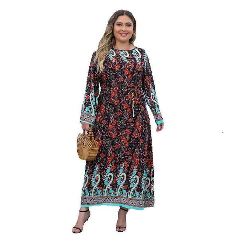 large size womens new printed bohemian dress casual sleeved long