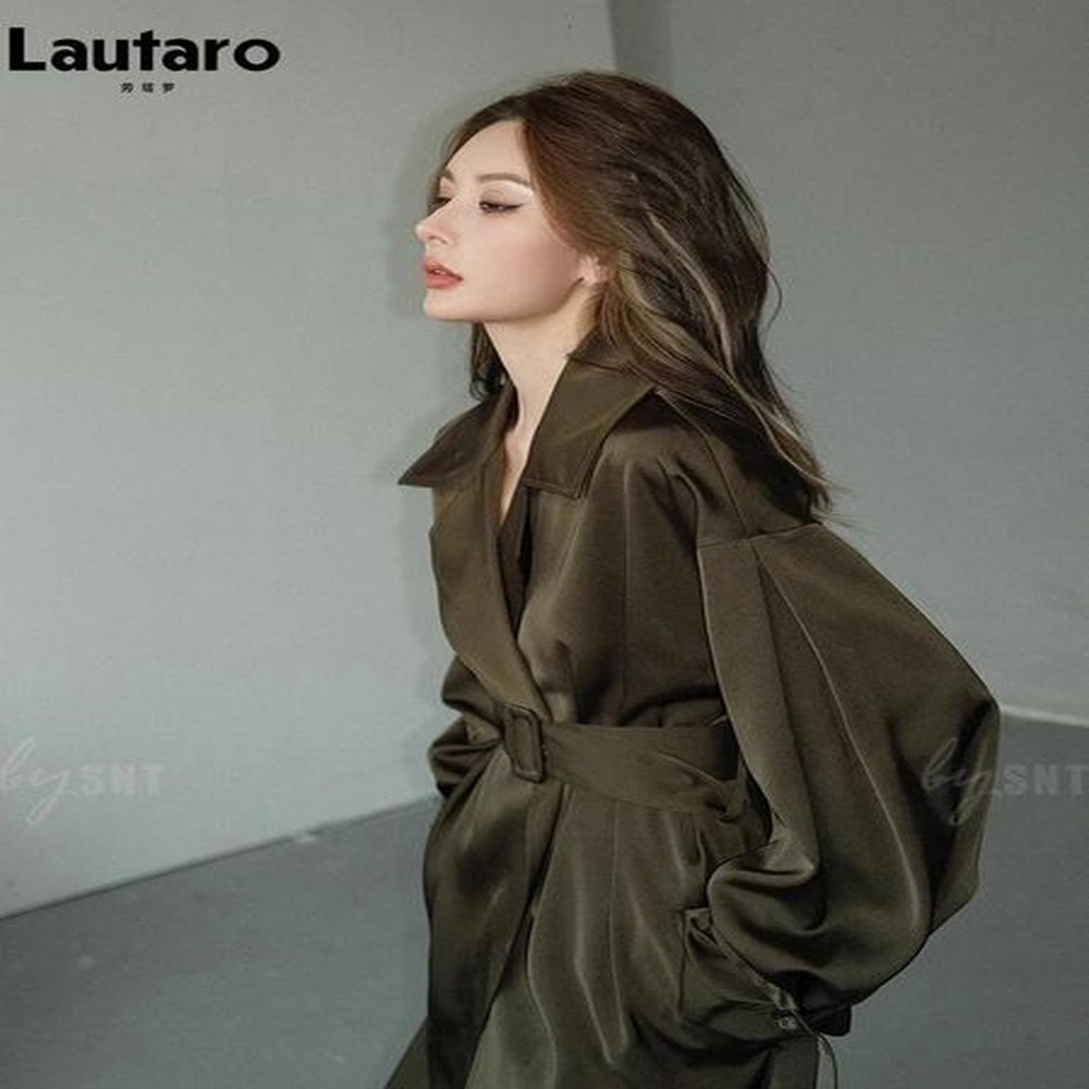 lautaro autumn long flowy dark green trench coat for women