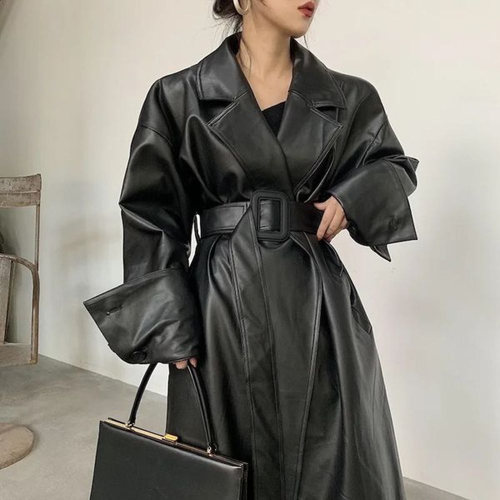 lautaro long oversized leather trench coat for women long sleeve