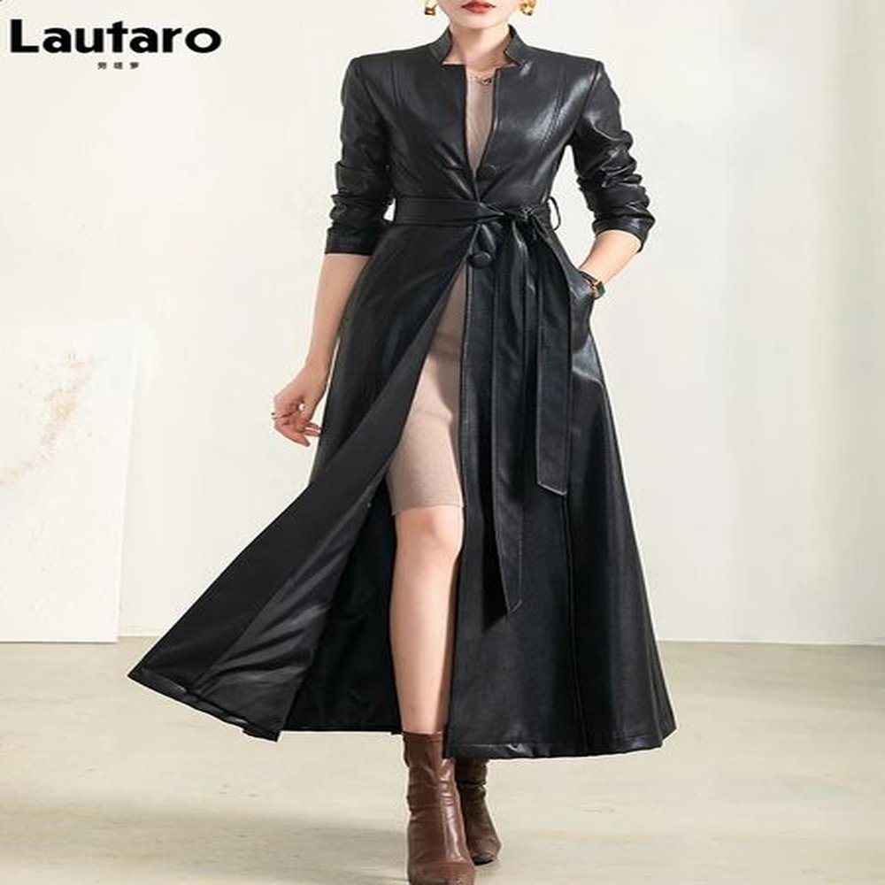 lautaro spring autumn long black soft waterproof faux leather coat