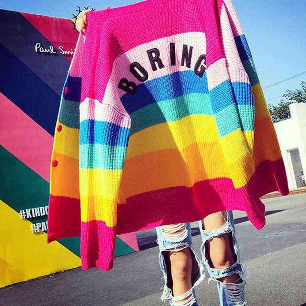 lazy boring emboridery rainbow striped cardigan oversized long sleeve knit