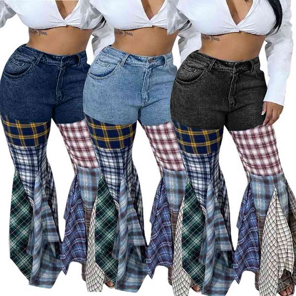 ld womens plaid denim pants ladies flare ripped women