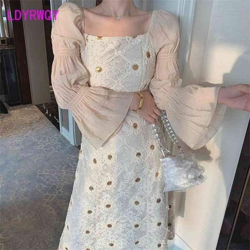 ldyrwqy flared sleeve dress with high waist kneelength regular lace