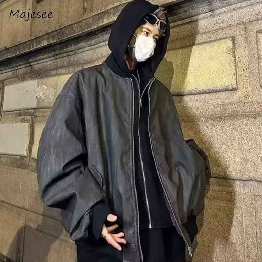 Leather Jackets Men Hooded Two Pieces High Street Cool Handsome Streetwear Allmatch Coats Casual ned Trendy PU Ins 240826