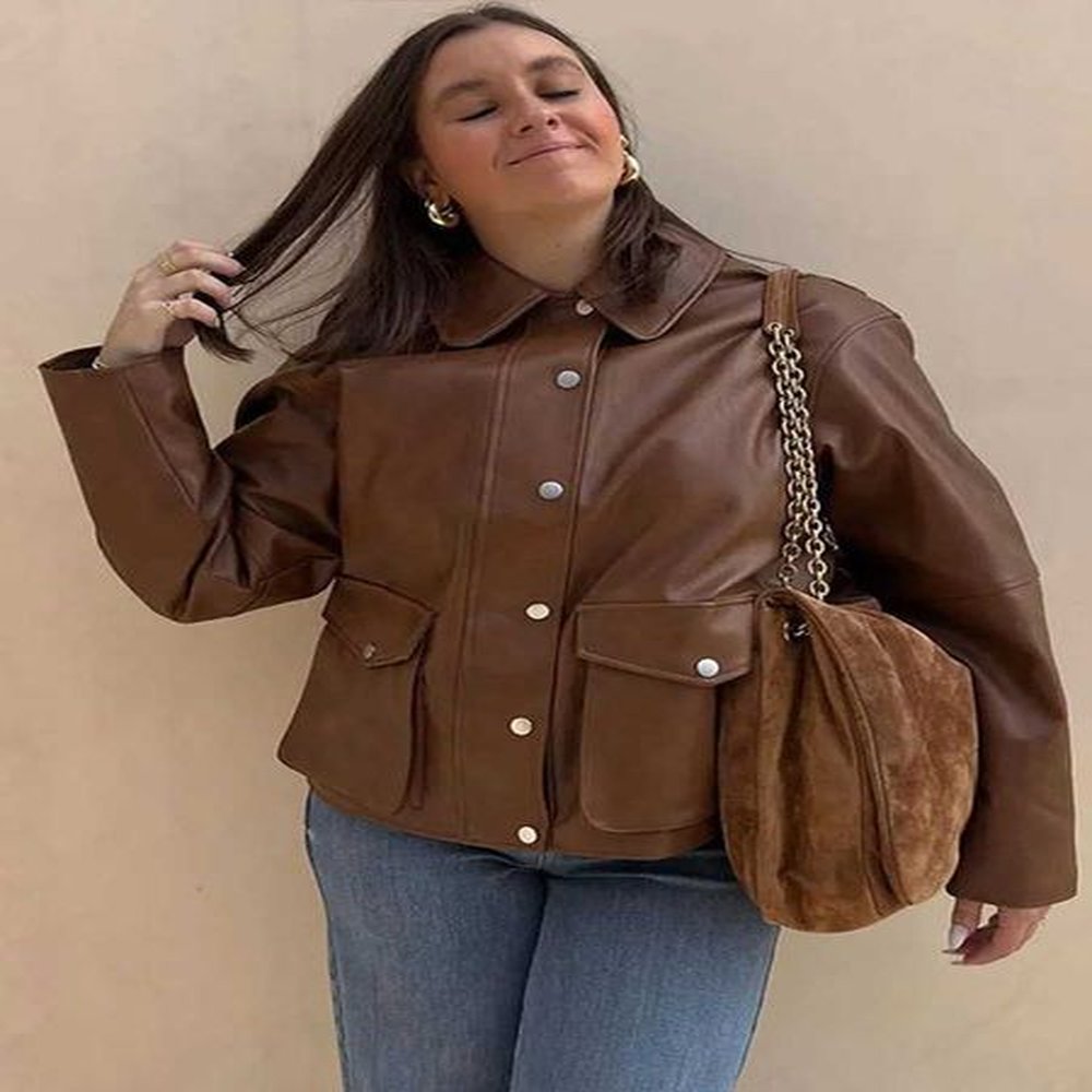 leather solid women jackets turndown collar single breasted lady jacket