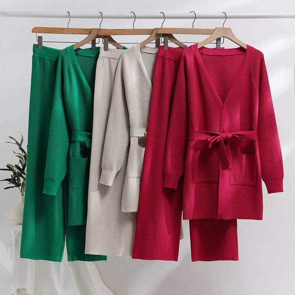 leisure womens clothing set knitted bathroom cardigan pants matching set