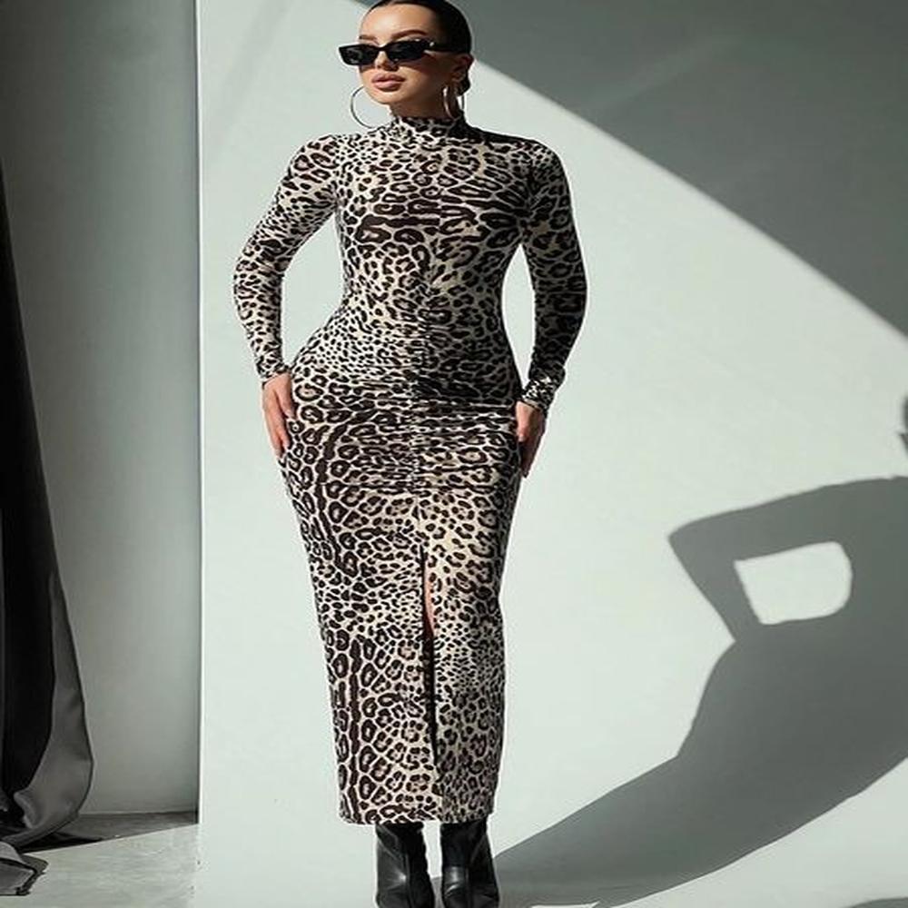 leopard dresses for women fashion sexy club streetwear turtleneck full