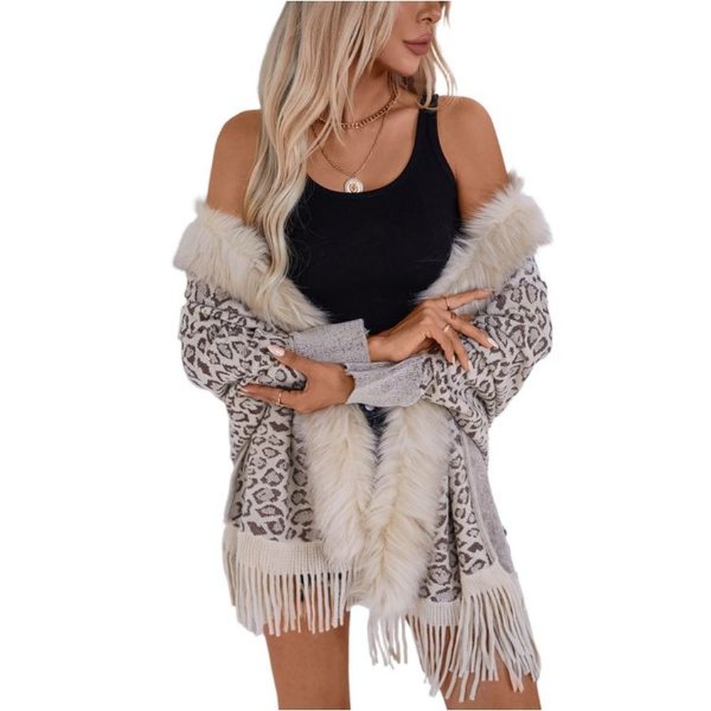 leopard fur collar women cape cardigans knitting sweater coat autumn