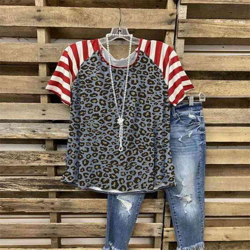 leopard print contrasting color pullover round neck top womens