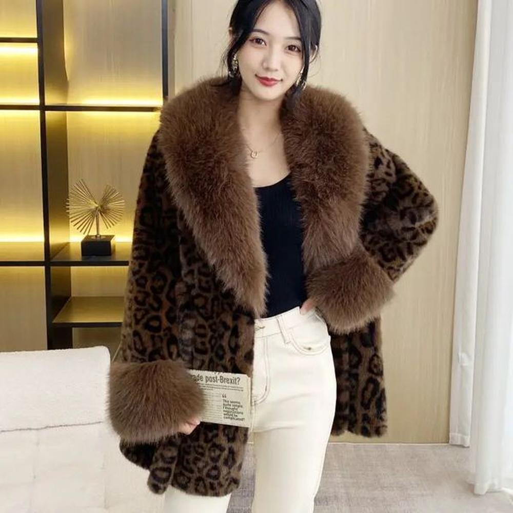 leopard print gold mink coat womens winter warm fashion coat