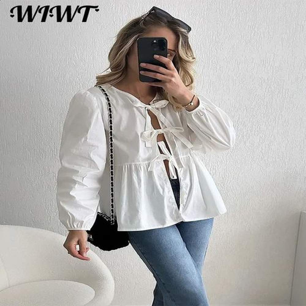 leopard print lace up shirts blouses women elegant long puff