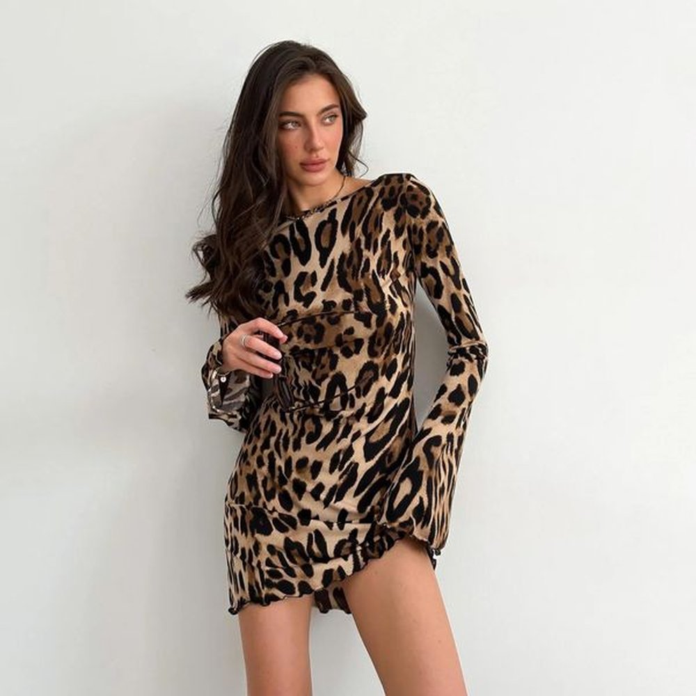 leopard print mesh long sleeve sexy slim see through