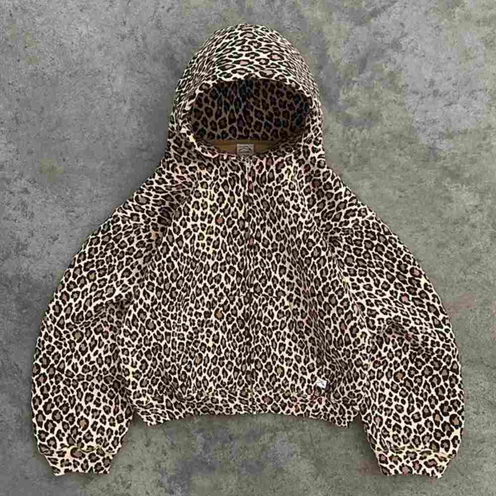 Leopard Print Plus Velvet Hooded Sweater American Retro 90s Lined With Plush Winter Warm Zipper Shirt Oversized Unisex Clothing 240806