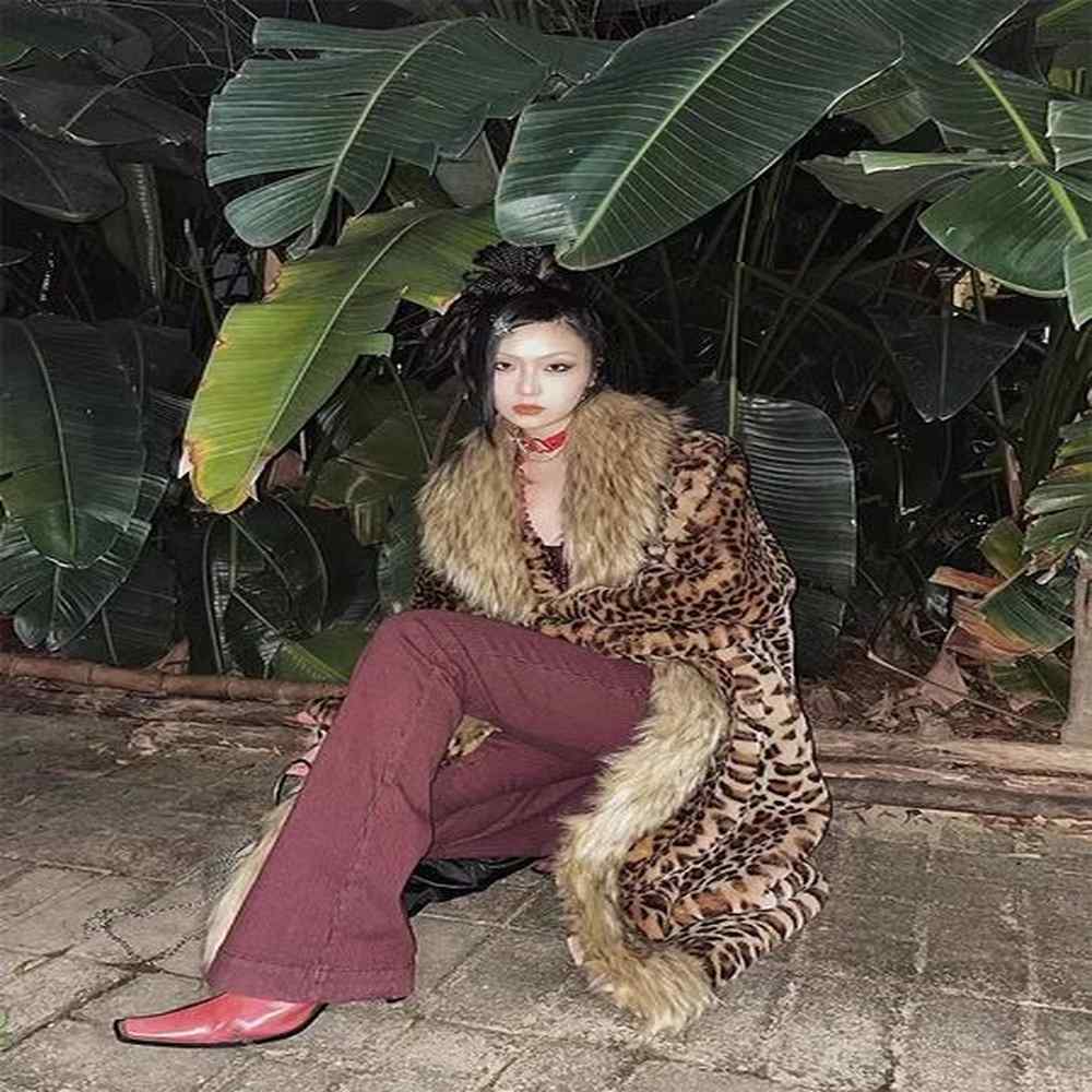 leopard print plush faux fur women coat fashion lapel long