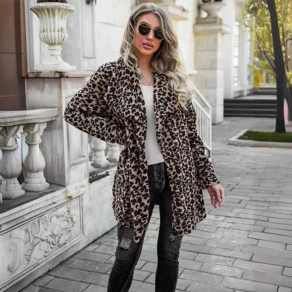 leopard print wool coat medium length jacket comfortable streetwear womens