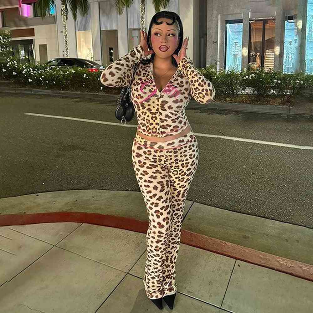 leopard printed piece set outfits women long sleeve hooded