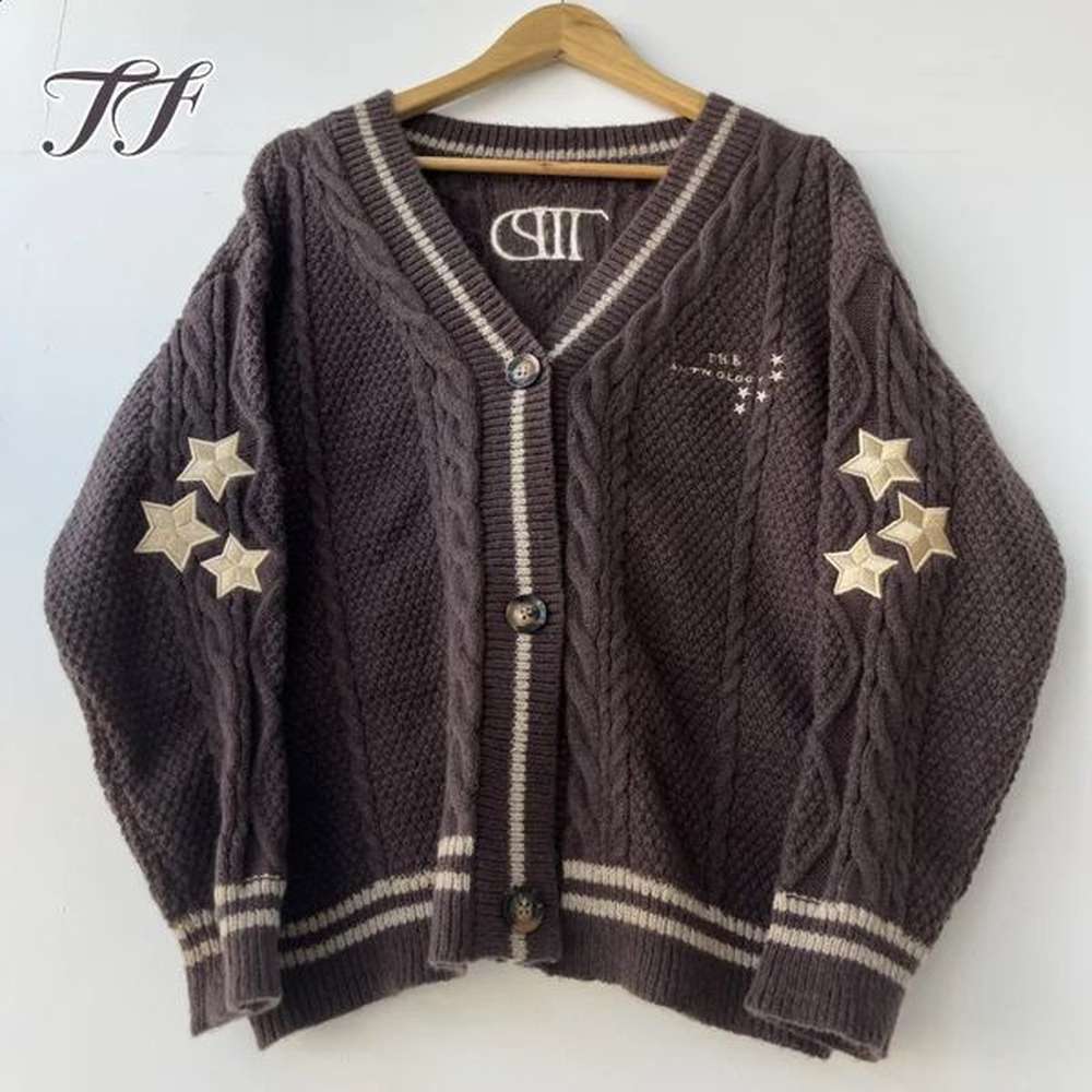 letter embroidery cardigan women vneck dark brown knitted cardigan with