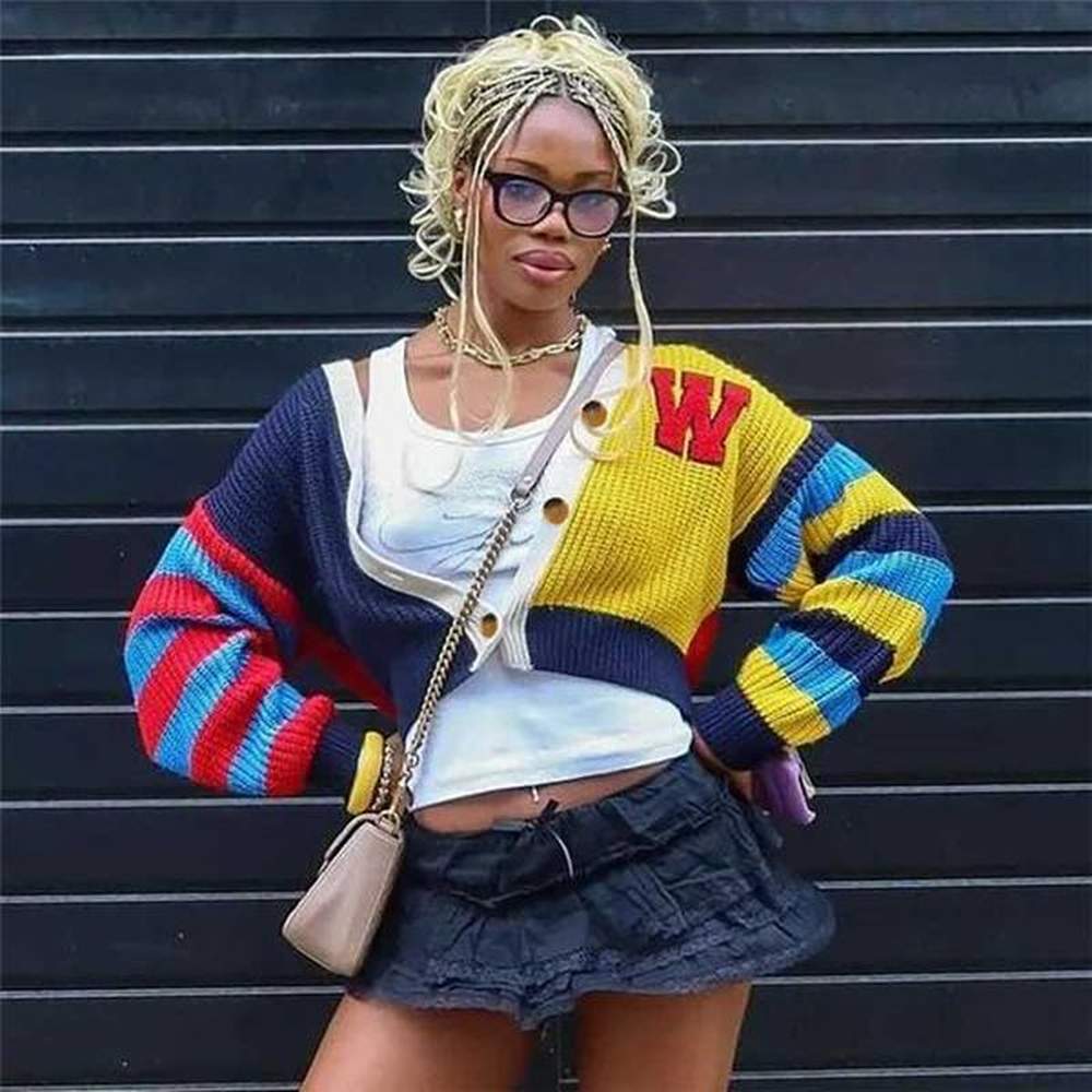 letter embroidery panelled striped knitted women sweaters single breasted long