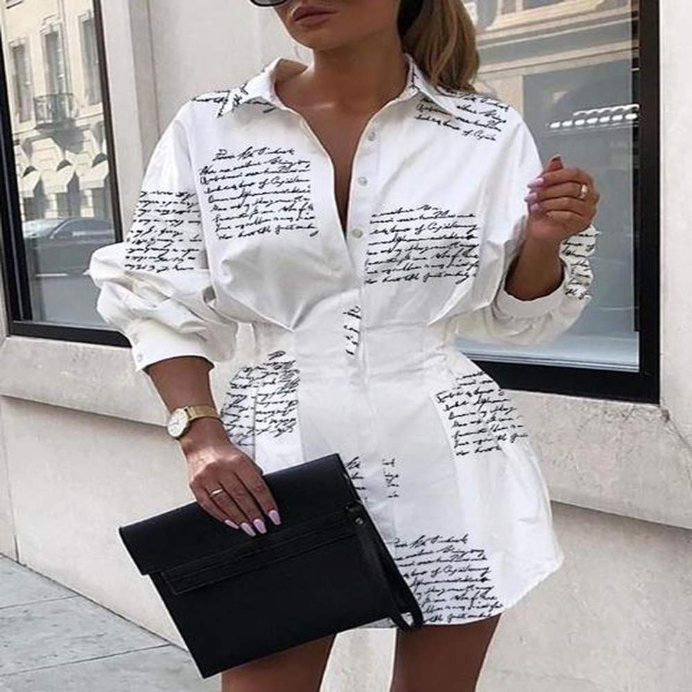 letter print sexy mini short shirt dress women white long