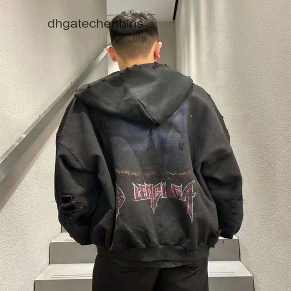 letters Sweaters version designer dirty cardigans hoodie High Quality Balencagas Tower Sanskrit Fashion made old Hoodies damaged hooded Hood