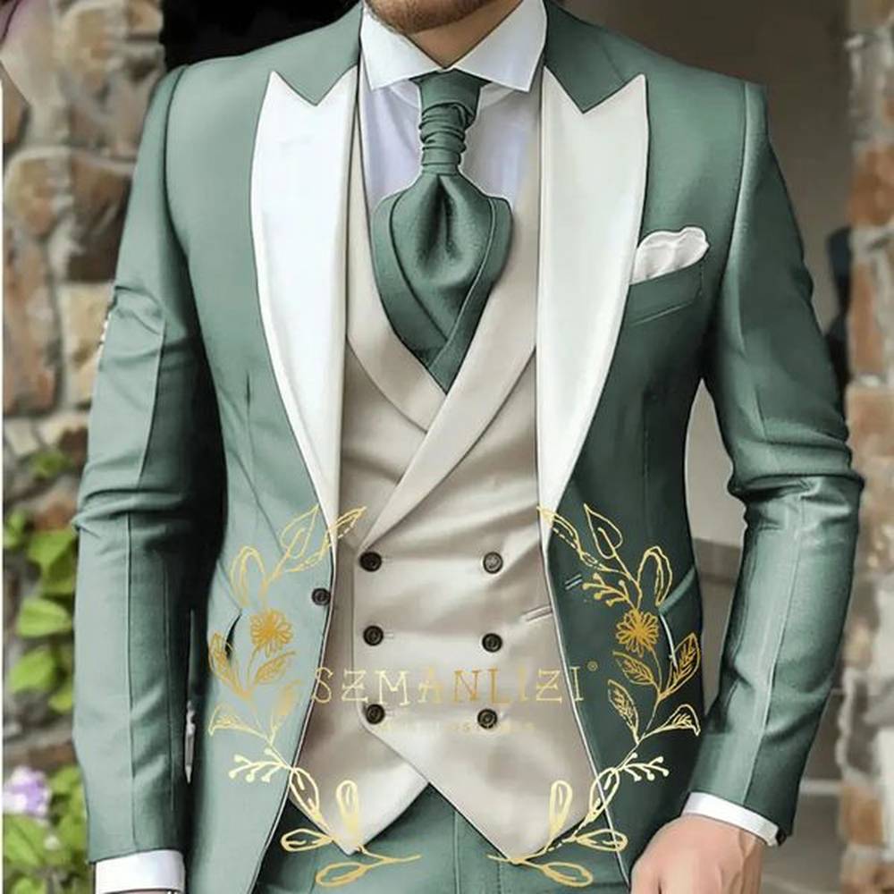 Light Green Classic Men Suit 3 Piece Tuxedo ed Lapel Groomsmen Wedding Suits Set Fashion Business Blazer Pants Vest 241203