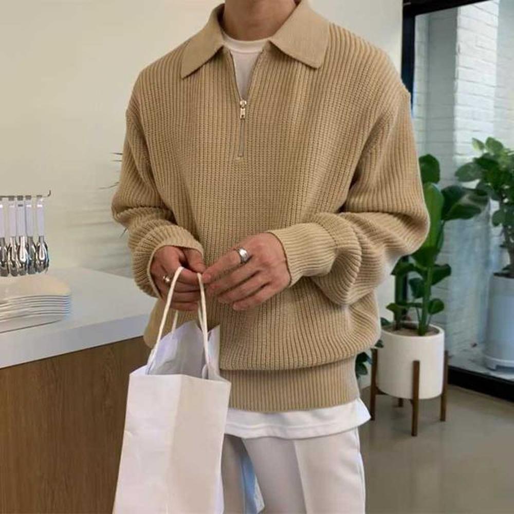 Light mature style knitted polo shirt for men loose half zipper long sleeved top lapel sweater jacketXJ240930