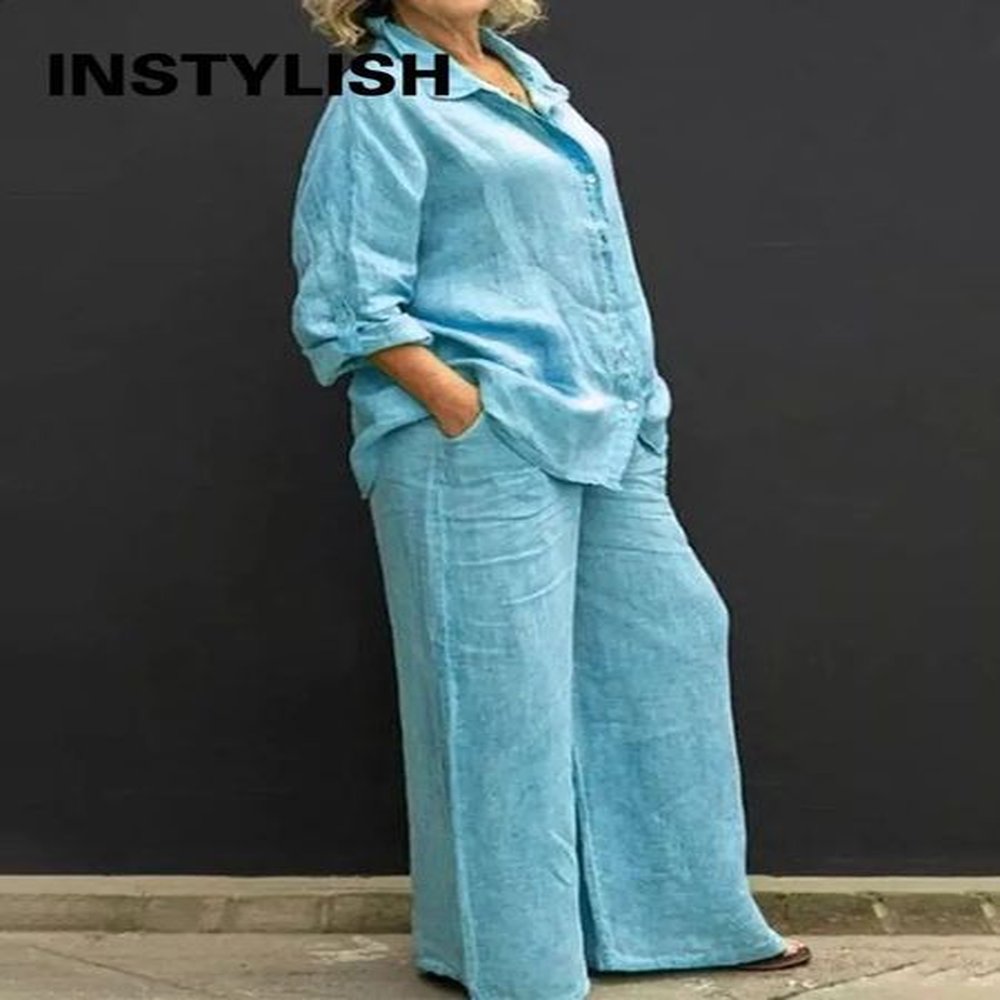 linen lapel two pieces set autumn vintage solid color long