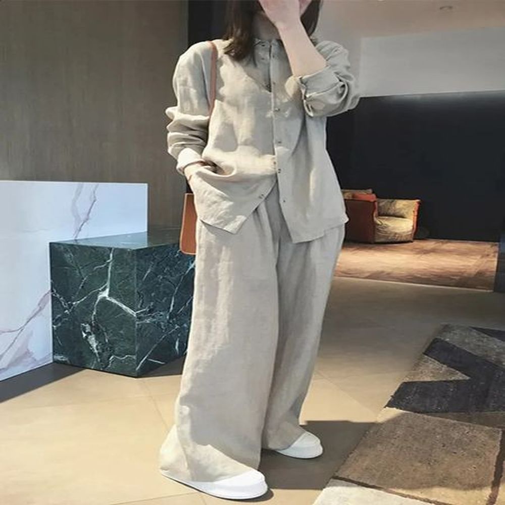 linen long sleeve shirt pants suit cotton womens set