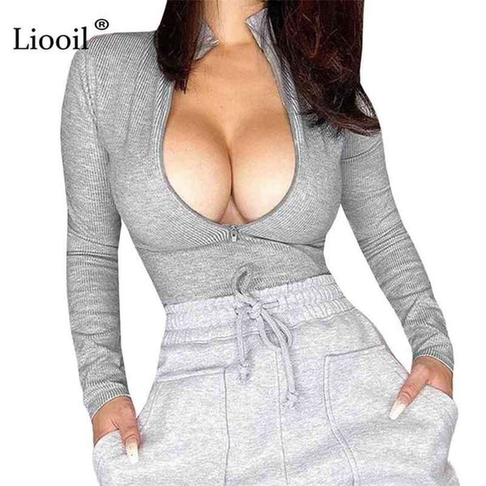 liooil black gray knitted ribbed t shirts women zip up