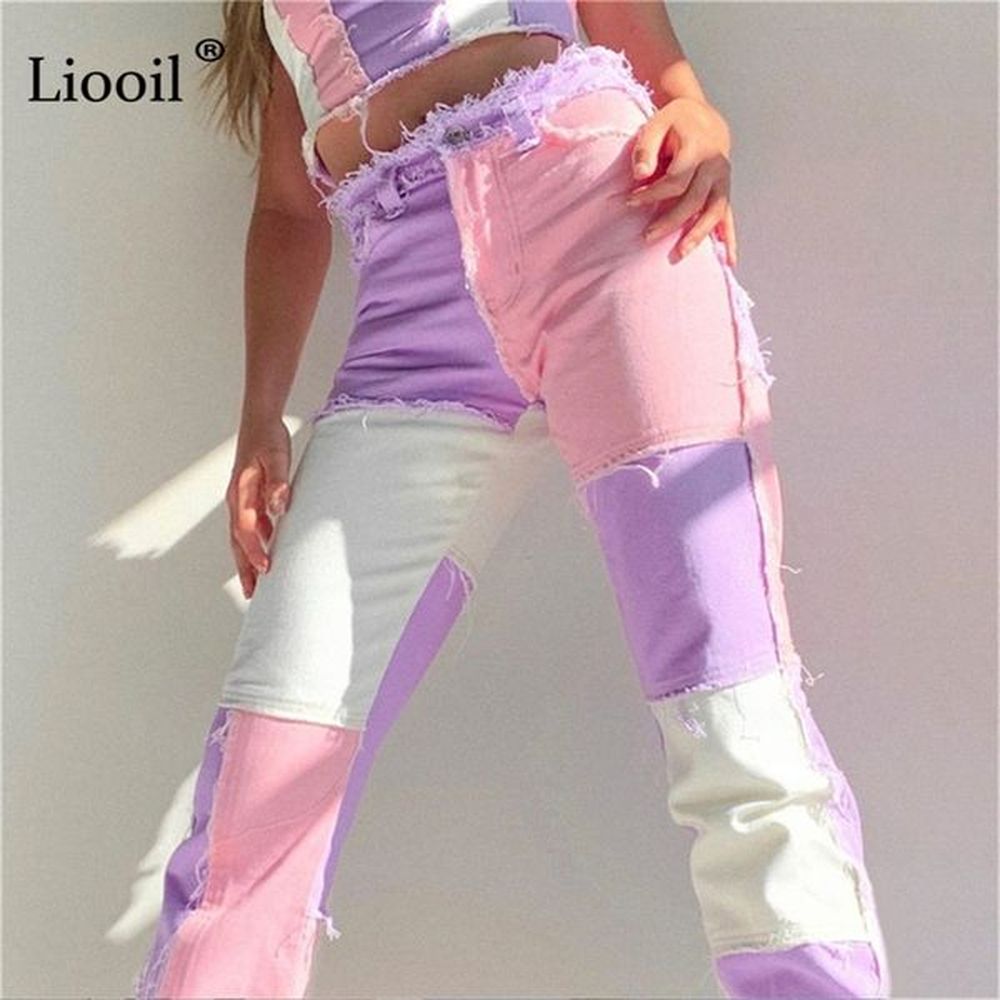 liooil color block cotton high waist straight leg jeans womens