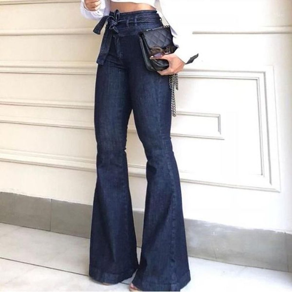 long fashion womens large size lacing jeans high waist stretch